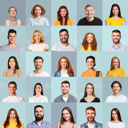 Preview: Collage of millennial people portraits with smiling faces, blue backgrounds