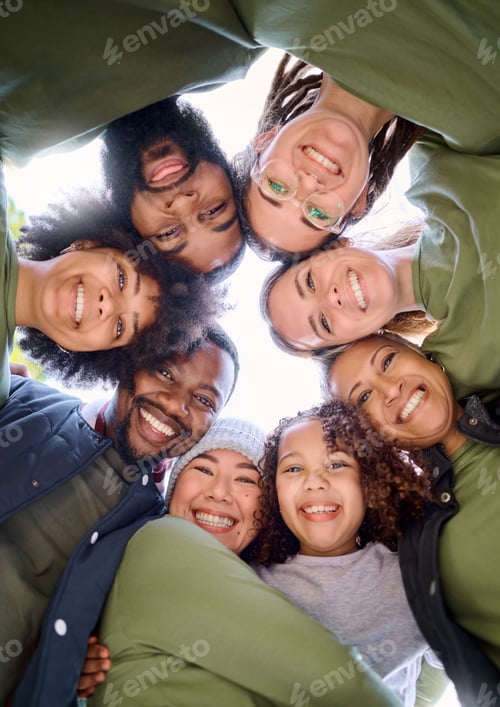 Preview: Teamwork, community and face of people in circle for support, motivation and working together outdo