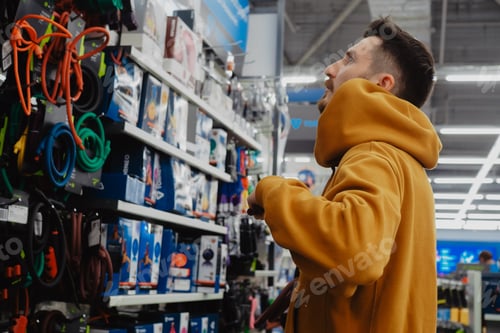Preview: The young man in a sports shop is picking up goods.