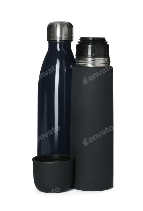 Preview: Modern thermos and bottle on white background