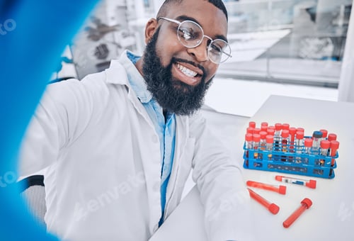 Preview: Scientist, selfie and man with blood research and happy from medical and healthcare work. African m