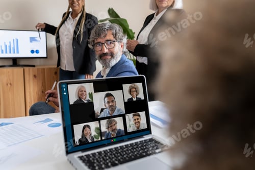 Preview: office coworkers make video call meeting - business conference concept -