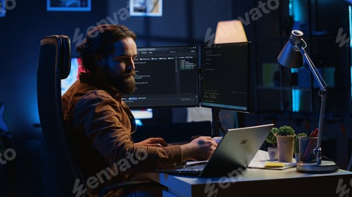 Preview: IT professional doing multitasking in apartment office while listening music