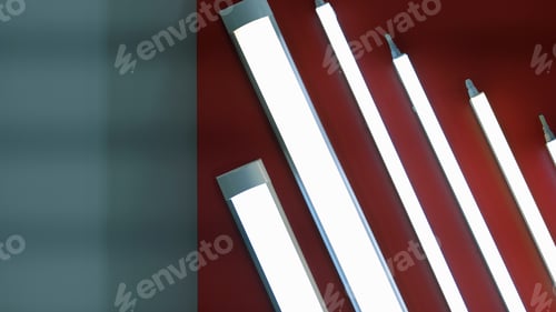 Preview: Various glowing horizontal lamps on the red ceiling.