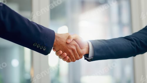 Preview: Employees, handshake and thank you for job promotion in office, meeting and congratulations for hir