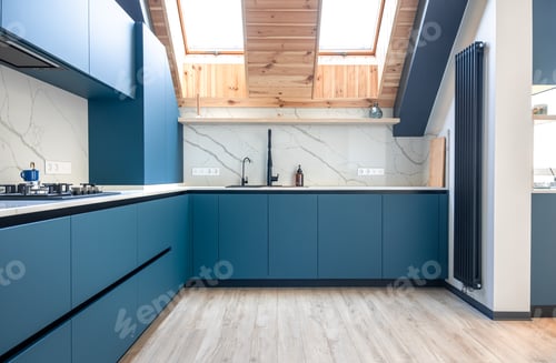 Preview: Corner attic kitchen. Scandinavian blue design. Matte cabinetry.