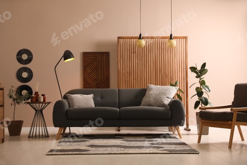 Preview: Stylish living room interior with comfortable dark sofa