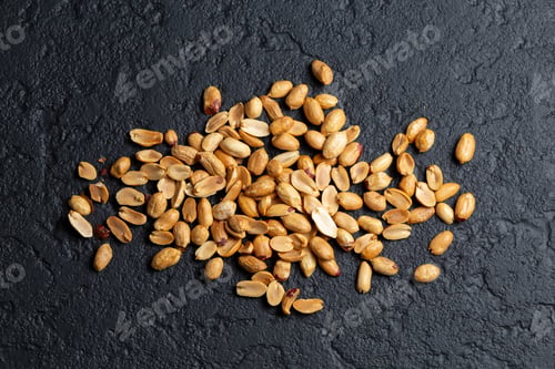Preview: Pile of roasted peanuts on black background, space for text