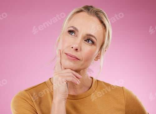 Preview: Senior woman, thinking and ideas for future, opportunity and fantasy with studio background. Old fe