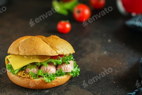 Preview: Burger With Sausages, Cheese, Lettuce, Tomato Sauce (Snack Sandwich, Bun). Top Food Background
