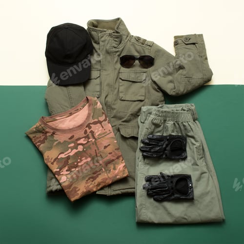 Preview: Clothing Flat Lay with Jacket, Pants, Shirt, Hat