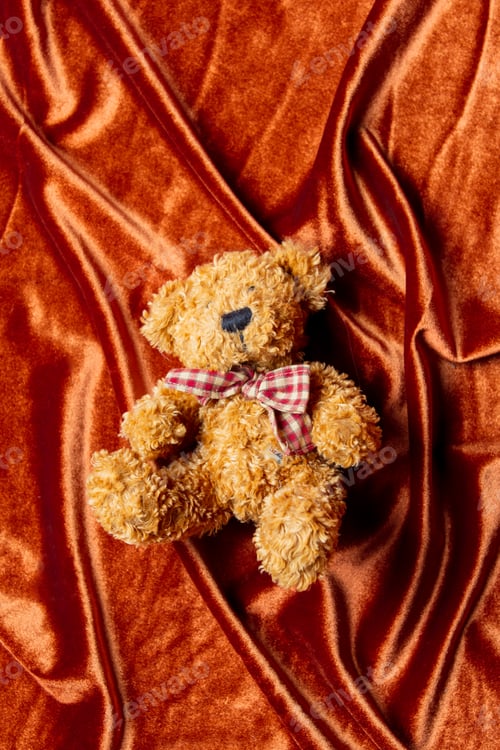 Preview: Top view on teddy bear doll on fabric background