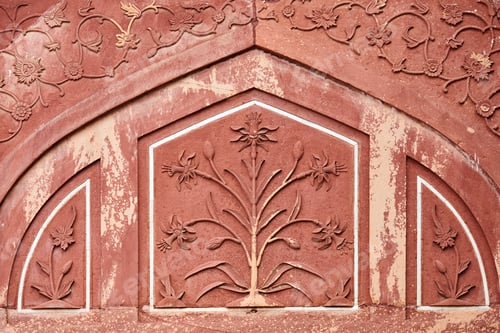 Preview: Decorative flowers on red sandstone wall of Taj Mahal, beautiful ancient wall decorations flowers