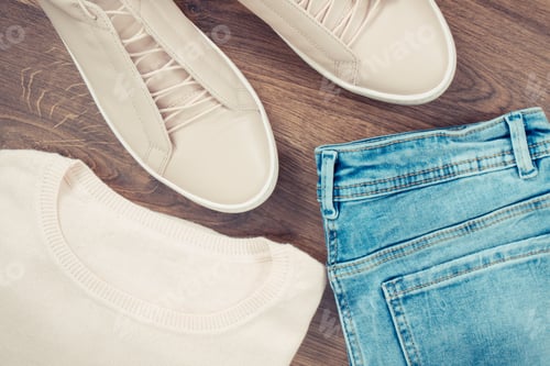 Preview: Vintage photo, Womanly leather shoes, jeans pants and sweater on rustic boards