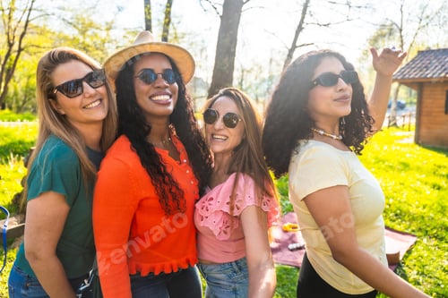 Preview: Four cheerful women smiling together in a park