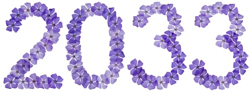 Preview: Inscription 2033, from natural blue flowers of periwinkle, isolated on white background