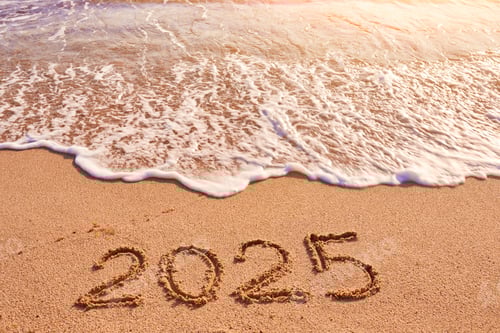 Preview: 2025 year written on sandy beach sea at sunny day
