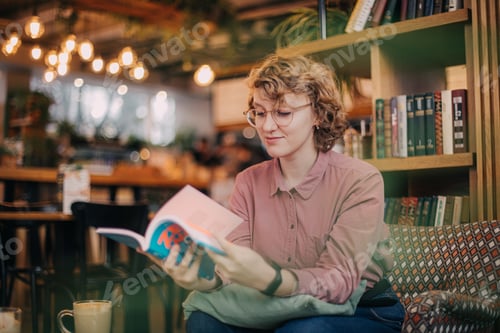 Preview: Young caucasian woman working via laptop in cafe, cowering space. Freelancer, blogger, influencer