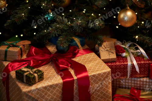 Preview: Closeup Big Gift Box with Red Bow Piled Under Christmas Tree