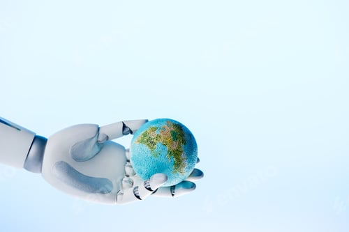 Preview: robot hand holding earth model isolated on blue, earth day concept