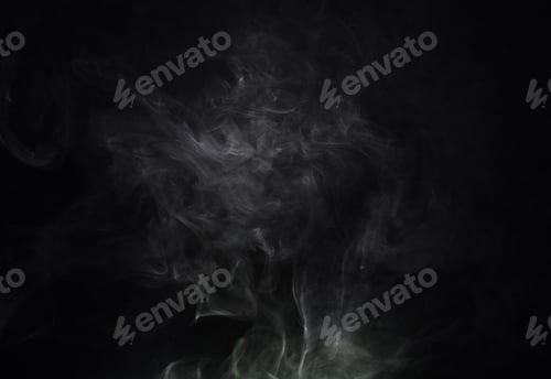 Preview: Smoke, black background and incense, fog or gas on mockup space wallpaper. Cloud, smog and magic ef