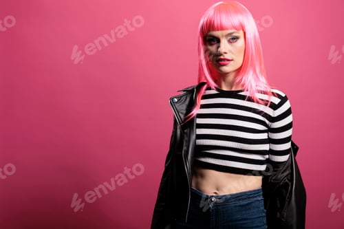 Preview: Portrait of trendy woman wearing stylish leather jacket in studio