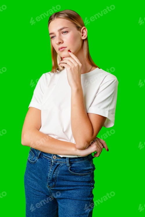 Preview: Woman Standing With Hand on Chin on green background