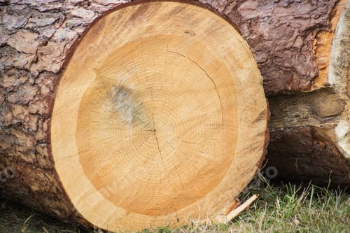 Preview: Trunks of cut tree lying in park or forest