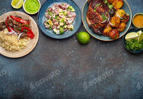 Preview: Traditional dishes of Peruvian cuisine from above copy space