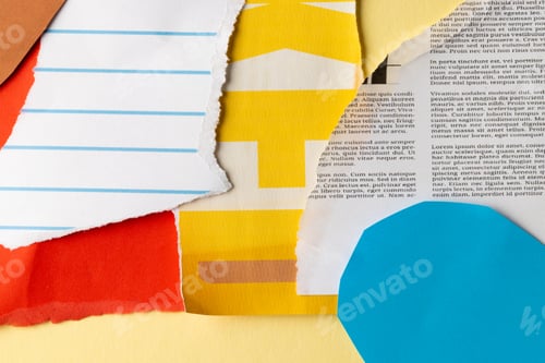 Preview: Ripped up pieces of notebooks, newspaper and coloured paper with copyspace on yellow background