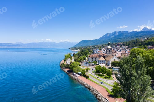 Preview: Aerial view of Evian (Evian-Les-Bains) city in Haute-Savoie in France