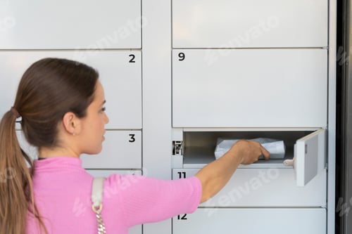 Preview: Young woman taking a package out of an automatic mailbox