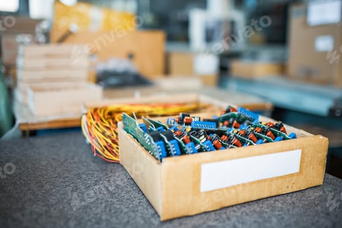 Preview: Close-up electric green embedded microcircuits in production