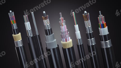 Preview: Fiber optical cables structure of different types on black background.