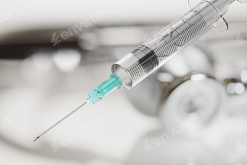 Preview: Disposable syringe for vaccine injection on gray background.