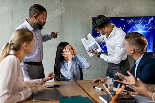 Preview: Multiethnic Team Having Conflicts At Work, Shouting At Unhappy Asian Female Employee