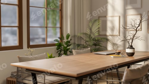 Preview: A wooden square table with decors and armchairs next to a large window with bright sunlight.