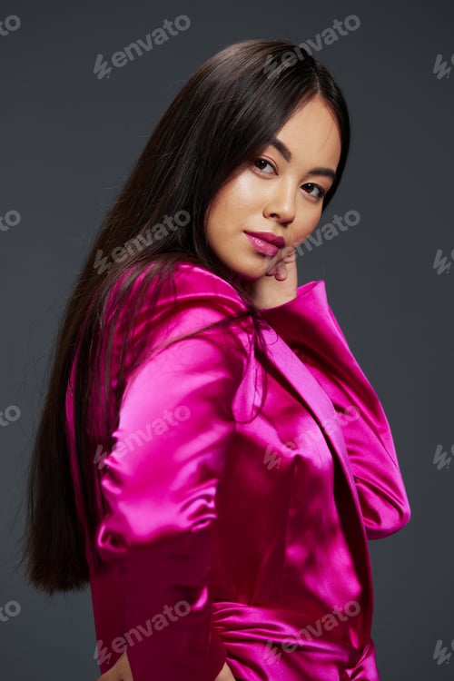 Preview: Brunette bright makeup pink dress modern style isolated background