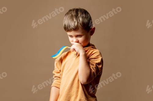 Preview: Little kid boy with Ukrainian flag on brown background