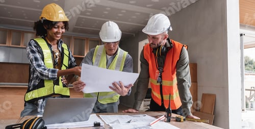 Preview: Civil engineer teams meeting working together wear worker helmets hardhat on construction site in