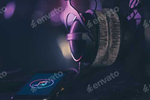 Preview: Musical background with a phone and headphones on a dark background.