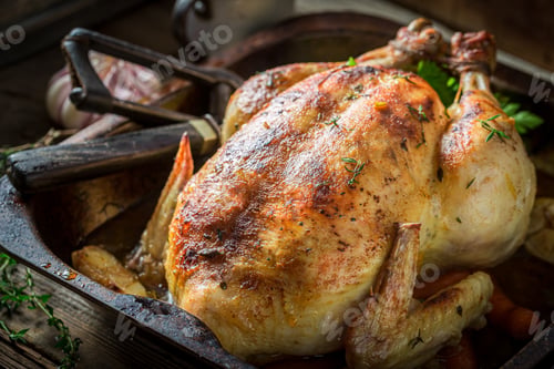 Preview: Grilled chicken with spices and vegetables, Roasted chicken with herbs.
