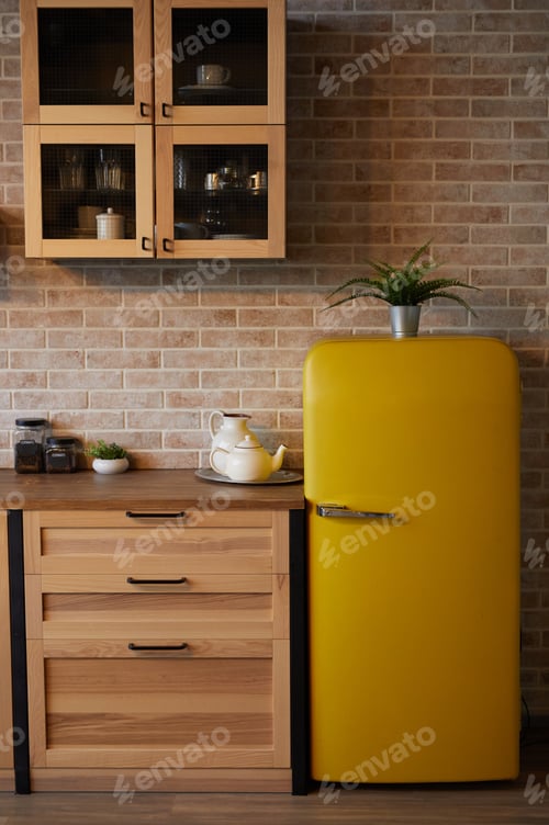 Preview: Yellow Retro Fridge in Kitchen