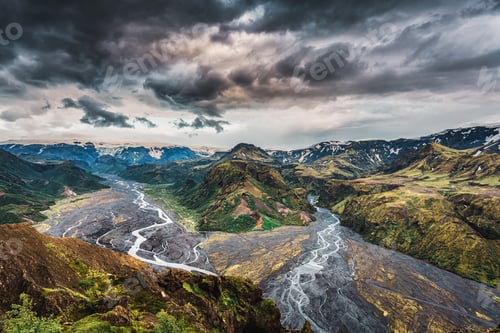 Preview: Valahnukur viewpoint hiking trail with mountain valley and krossa river in icelandic highlands