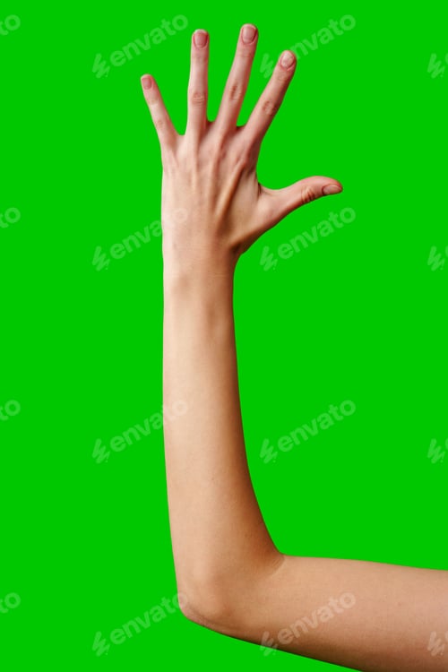 Preview: Human Hand Gesturing Against a Vibrant Green Background in Studio Setting