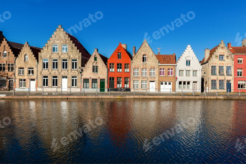 Preview: View of Bruges canal and old historic houses of medieval architecture. Brugge, Belgium