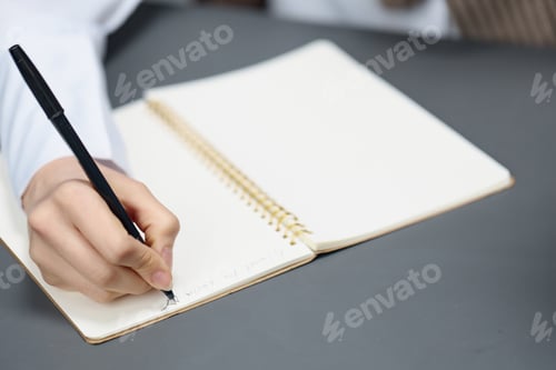 Preview: Closeup shot of hand young student lady freelancer journalist writing article using copybook in gray