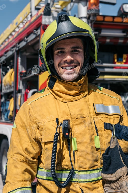 Preview: Firefighter smiling with arms crossed in front of firetruck