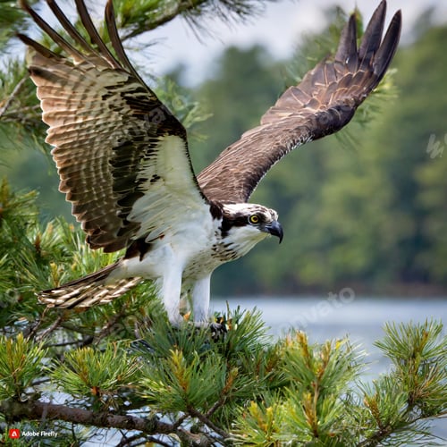 Preview: An osprey poised in a pine tree, eyes focused on the water below
