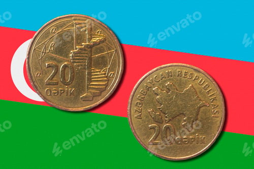 Preview: Azerbaijan manat coin on national flag, gapik, obverse and reverse